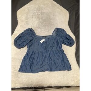 New York and Company Chambray Womens Blue XL Puff Sleeve Short Sleeve NWT